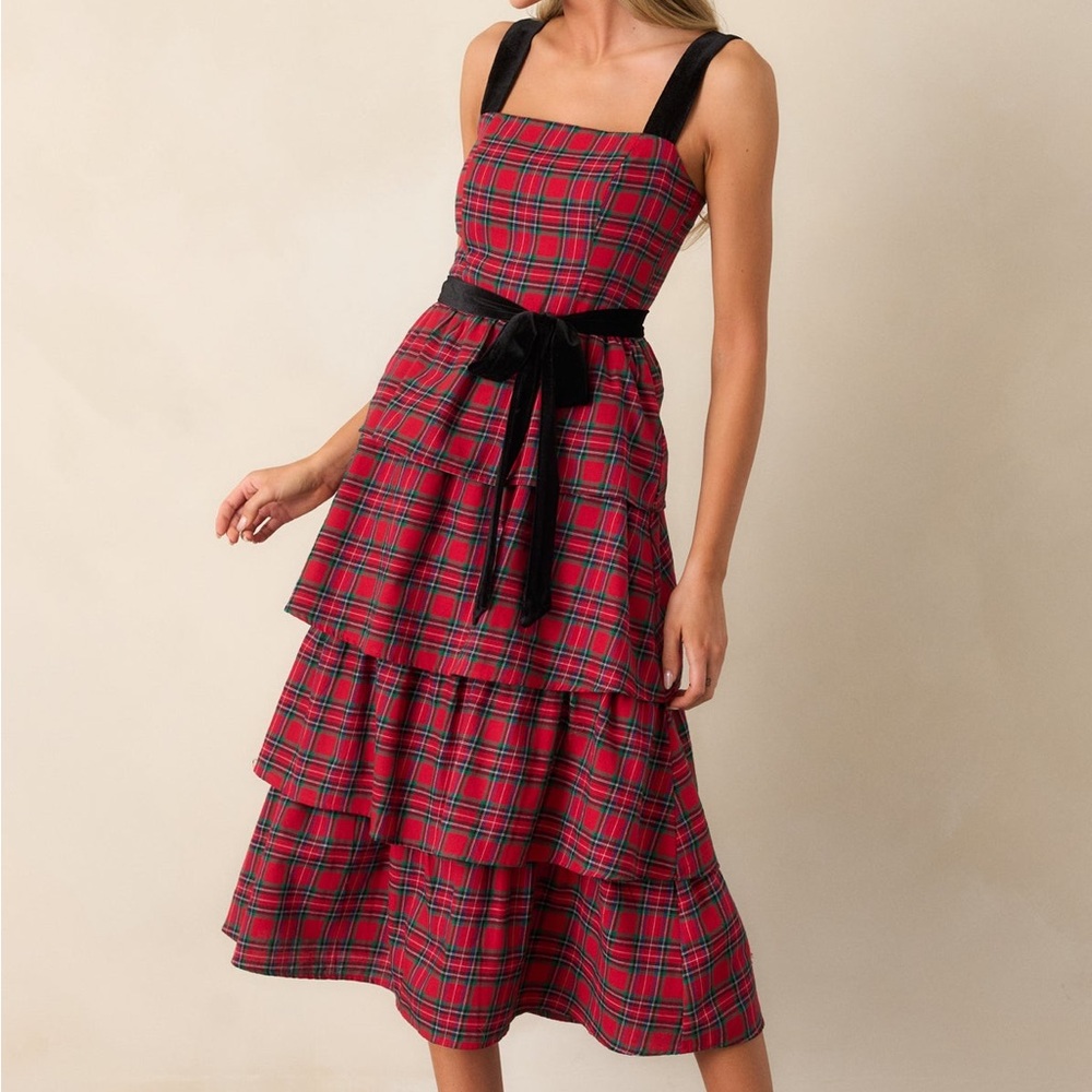 SUGARLIPS ELEGANCE DEFINED 100% COTTON RED PLAID TIERED MIDI DRESS - Picture 6 of 17